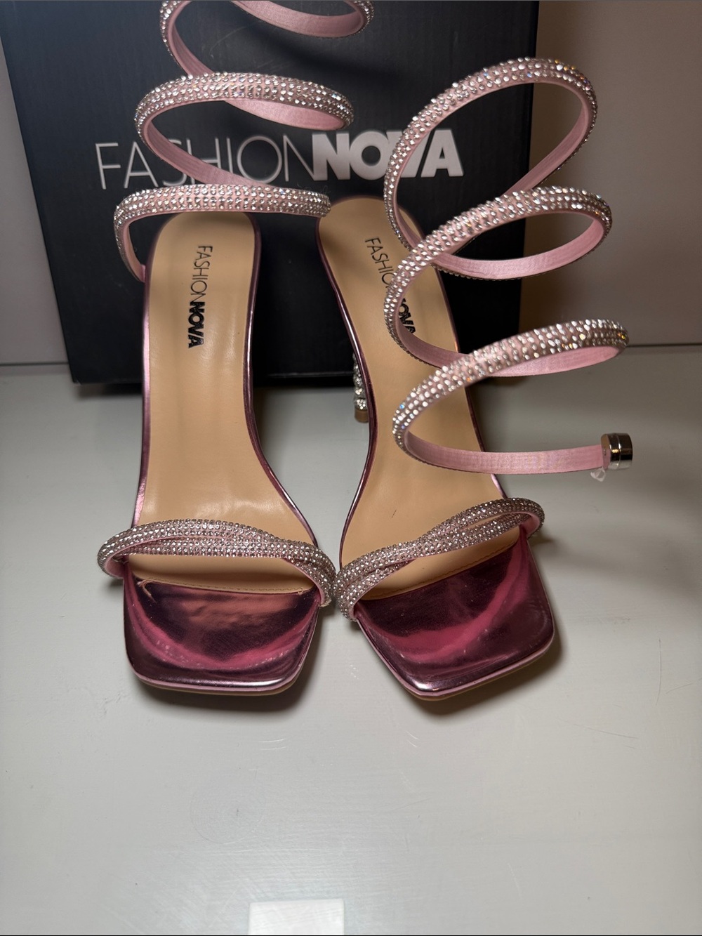 Fashion Nova Pink Spiral Crystal Wrap Heels